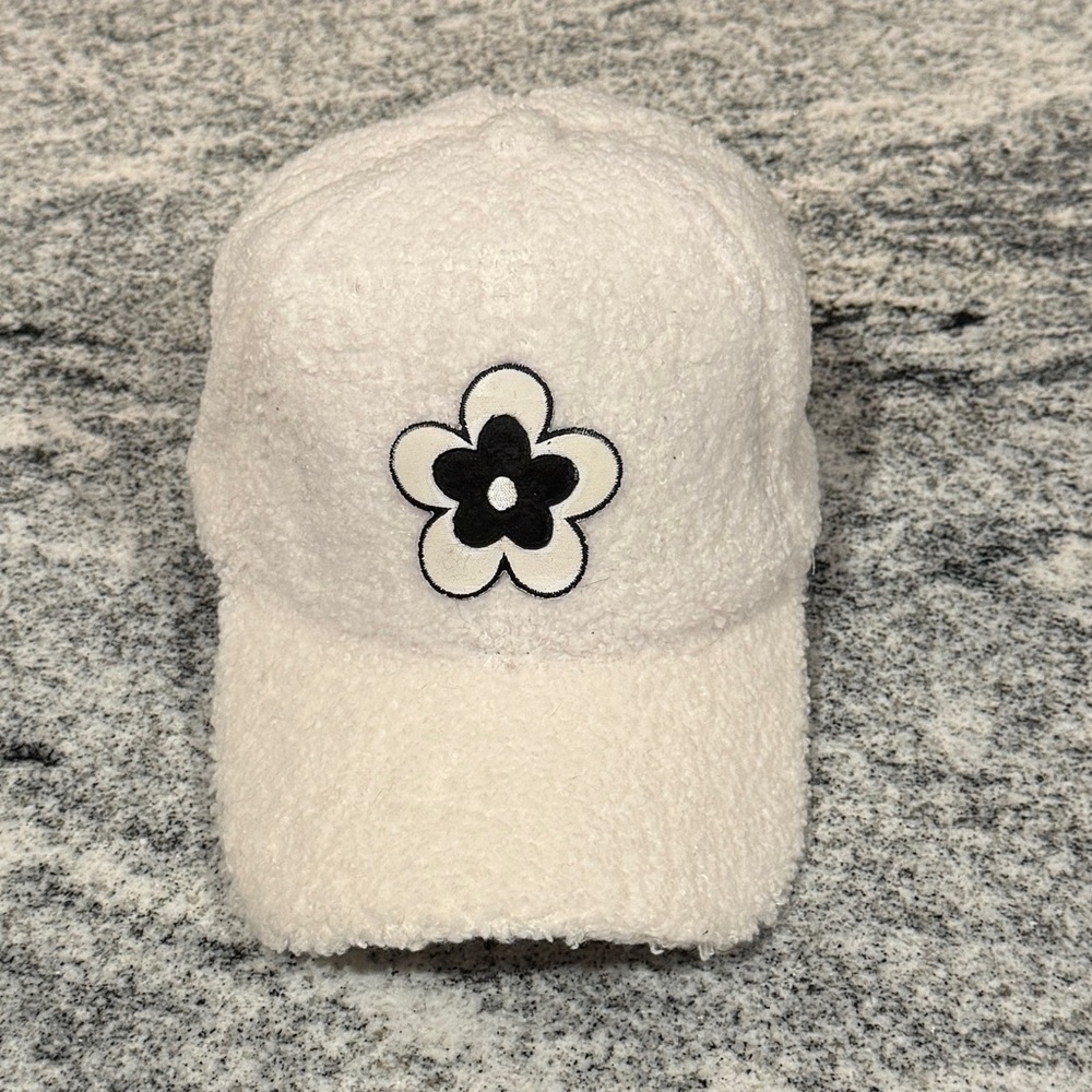 New Custom Designed White Teddy Sherpa Cap with Embroidered Black & White Flower